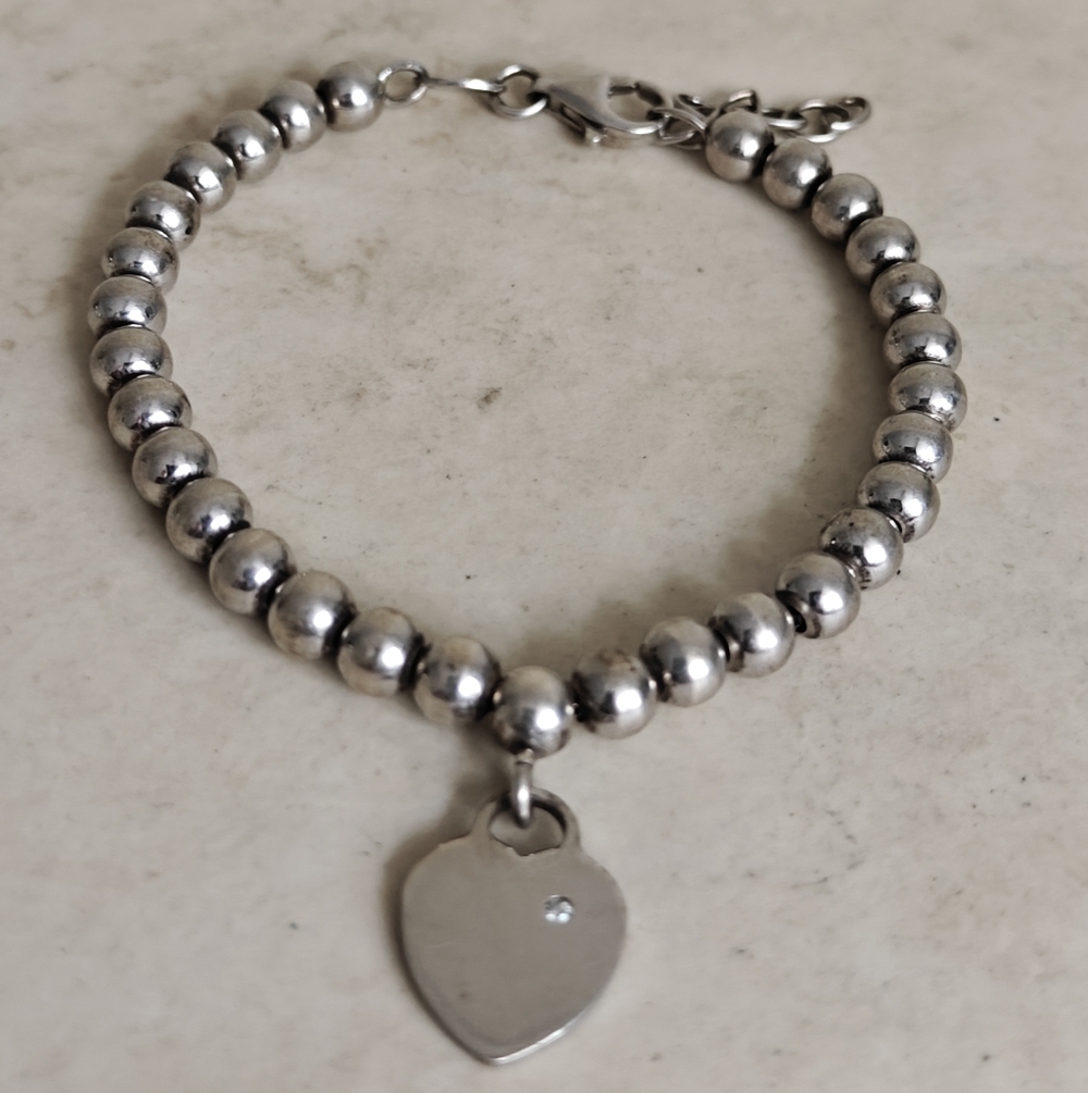 Elegant Italian Sterling Silver 925 Silver Pearl Beads Bracelet with Heart Charm